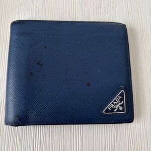 Prada Saffiano Leather Bifold Mens Wallet Navy Blue Enamel 
Triangle Logo